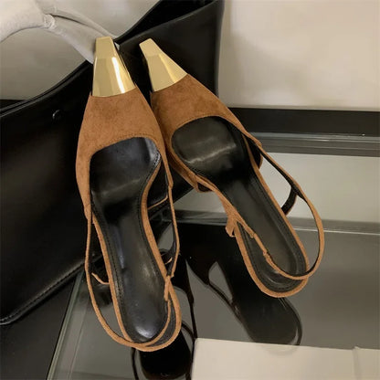Pointed Toe Slingback Pumps Women Stiletto Heels Metal Toe Cap