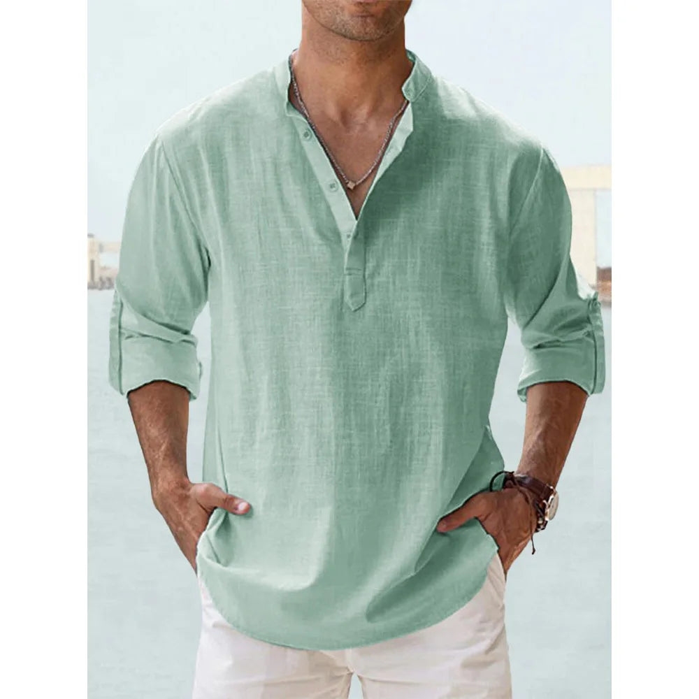 Men's Cotton Linen Henley Shirt – Long Sleeve Casual Beach Top