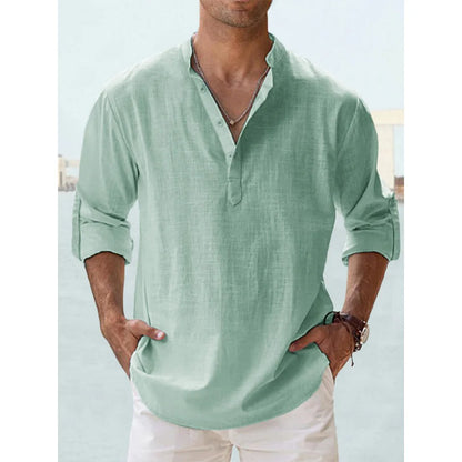 Men's Cotton Linen Henley Shirt – Long Sleeve Casual Beach Top
