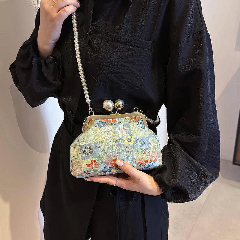 Floral Embroidery Kiss-Lock Shoulder Bag with Pearl Chain