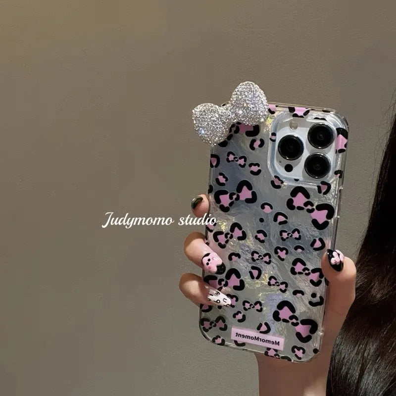 Diamond Bow Leopard Print Phone Case with Glitter Lining