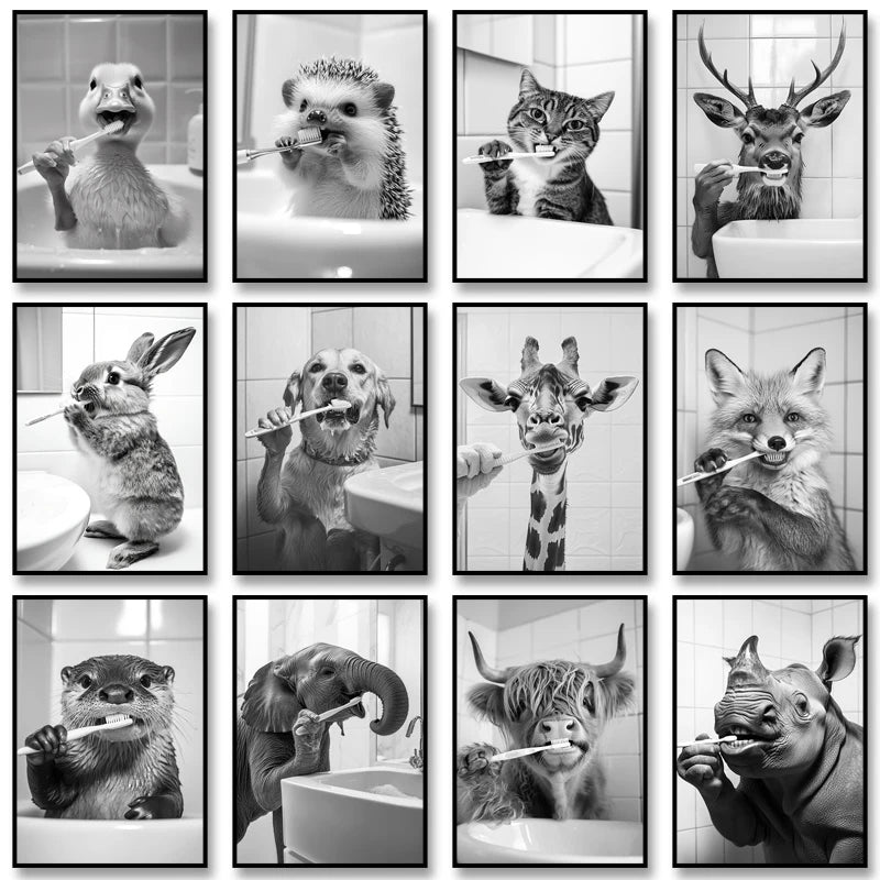Funny Animal Bathroom Wall Art Poster – Black & White Vintage Print