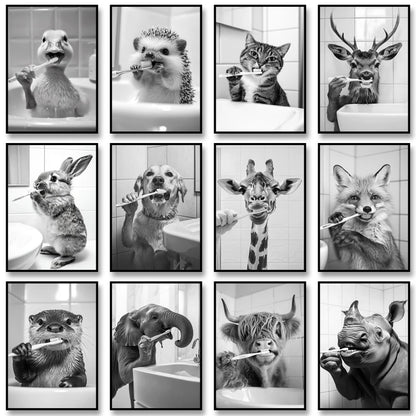 Funny Animal Bathroom Wall Art Poster – Black & White Vintage Print