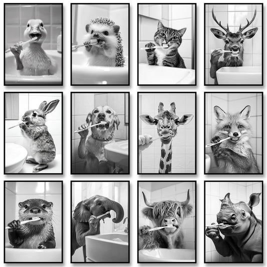 Funny Animal Bathroom Wall Art Poster – Black & White Vintage Print