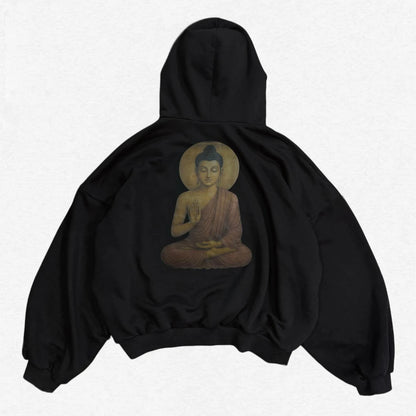 Y2K Graphic Print Oversized Hoodie – Buddha & Grunge Hip Hop Streetwear Sweatshirt