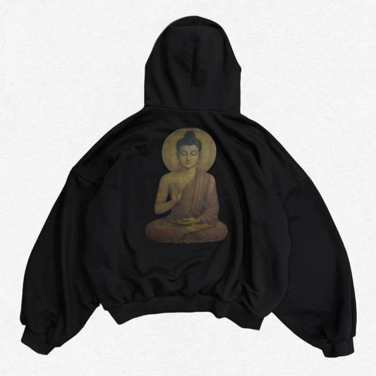 Y2K Graphic Print Oversized Hoodie – Buddha & Grunge Hip Hop Streetwear Sweatshirt