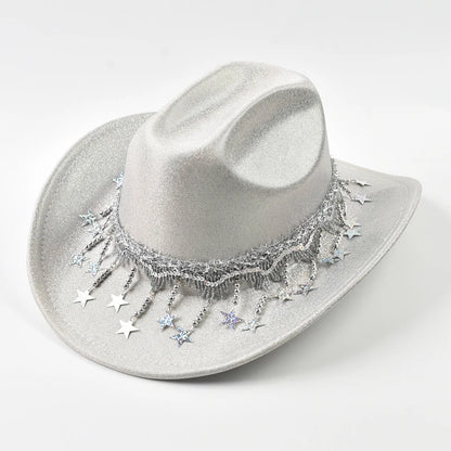 Sequin Cowgirl Hat with Rhinestone Star Fringe – Women's Festival & Party Hat