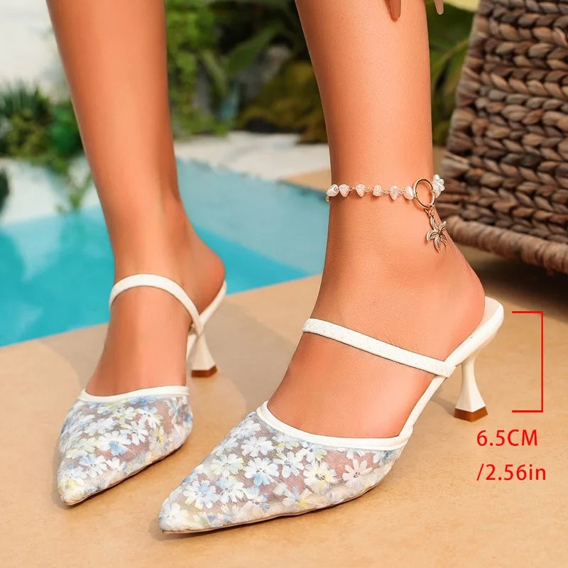 Floral Mesh Pointed Toe Heeled Mules – Women's Summer Sandals