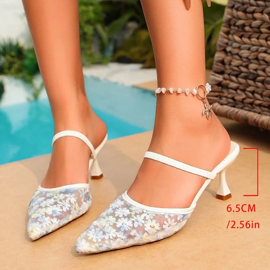 Floral Mesh Pointed Toe Heeled Mules – Women's Summer Sandals