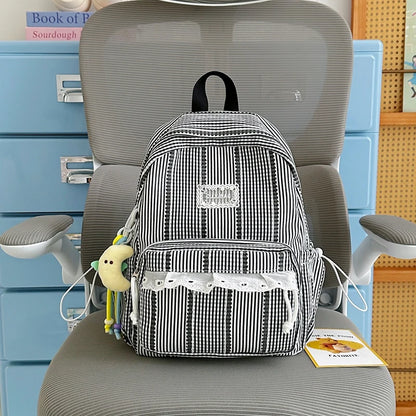 Sweet Style Girls Backpack – Cute Striped School Bag with Doll Charm