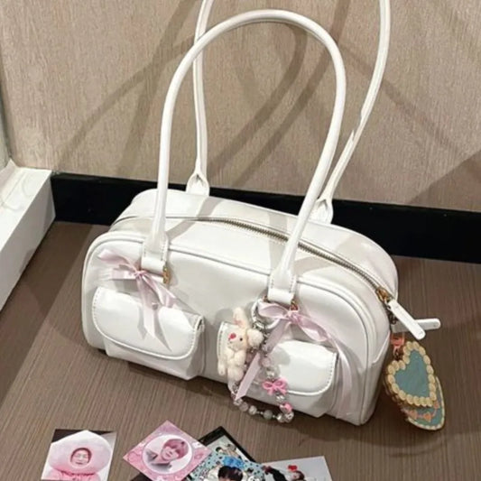 Retro White Bowling Bag Purse Women Hot Girls Leather Pocket