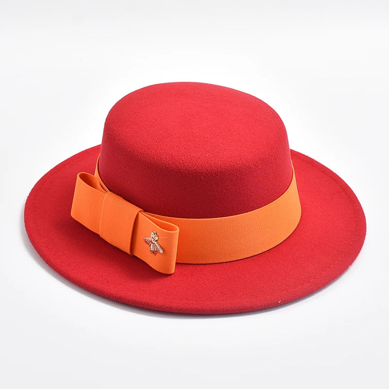 Women's Flat Top Fedora Hat – Bow & Bee Pin, Church & Party