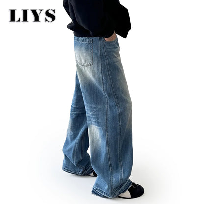 Baggy Wide Leg Men's Jeans – American Retro Lightning Grain