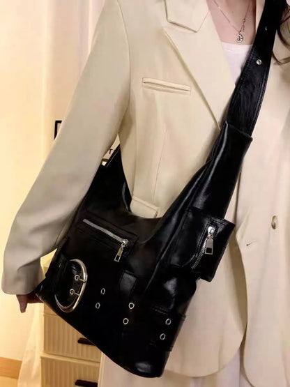 High Street Black Shoulder Bags Cool Hot Girls Leather Y2k