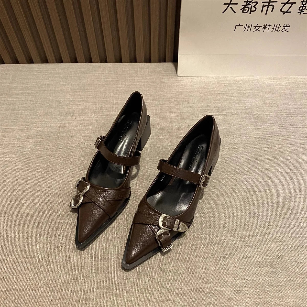 Pointed Toe Mary Jane Heels – Women's Metal Buckle Dress Shoes