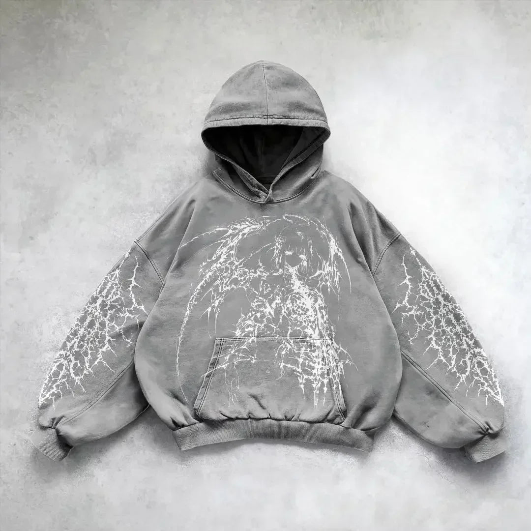 Angel Graphic Oversized Hoodie – Y2K Goth Streetwear Women
