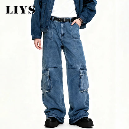 Men S Spring Blue Retro Washed Baggy Cargo Jeans Summer Male Multi Pocket Straight Tube Work Clothes