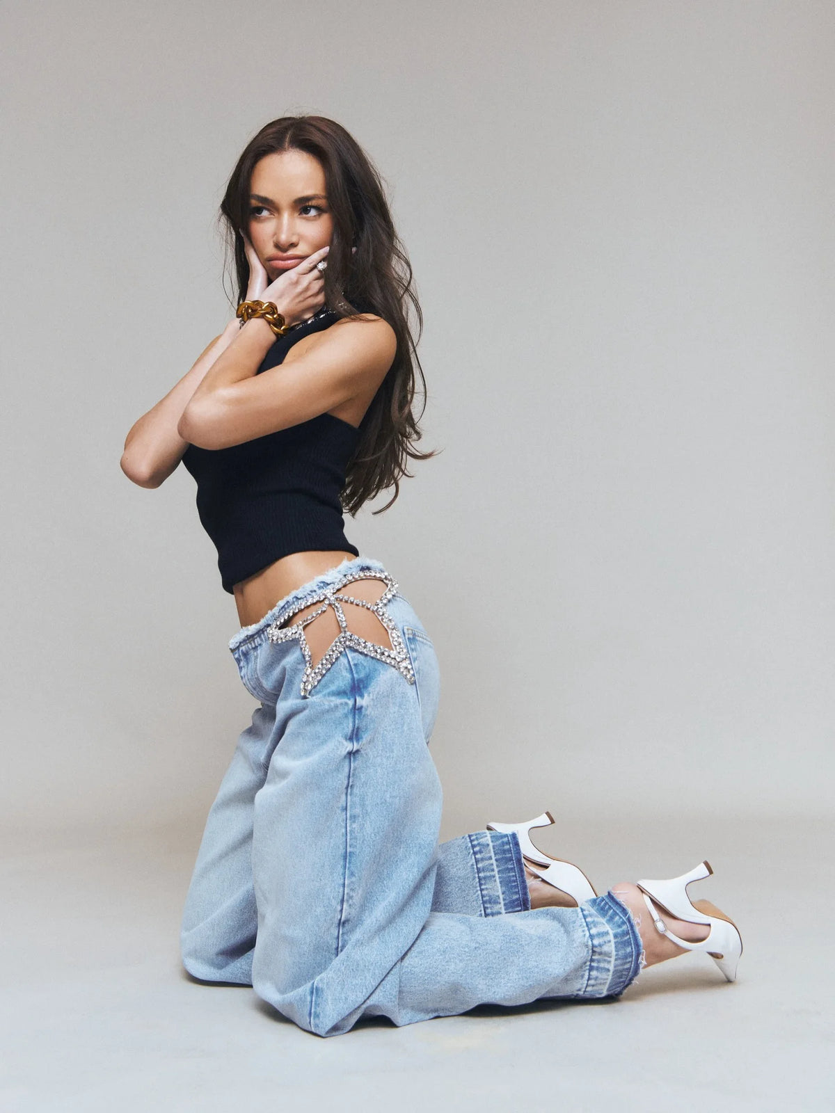 Rhinestone Star Hollow Out Wide Leg Jeans – Women's Goth Streetwear Denim