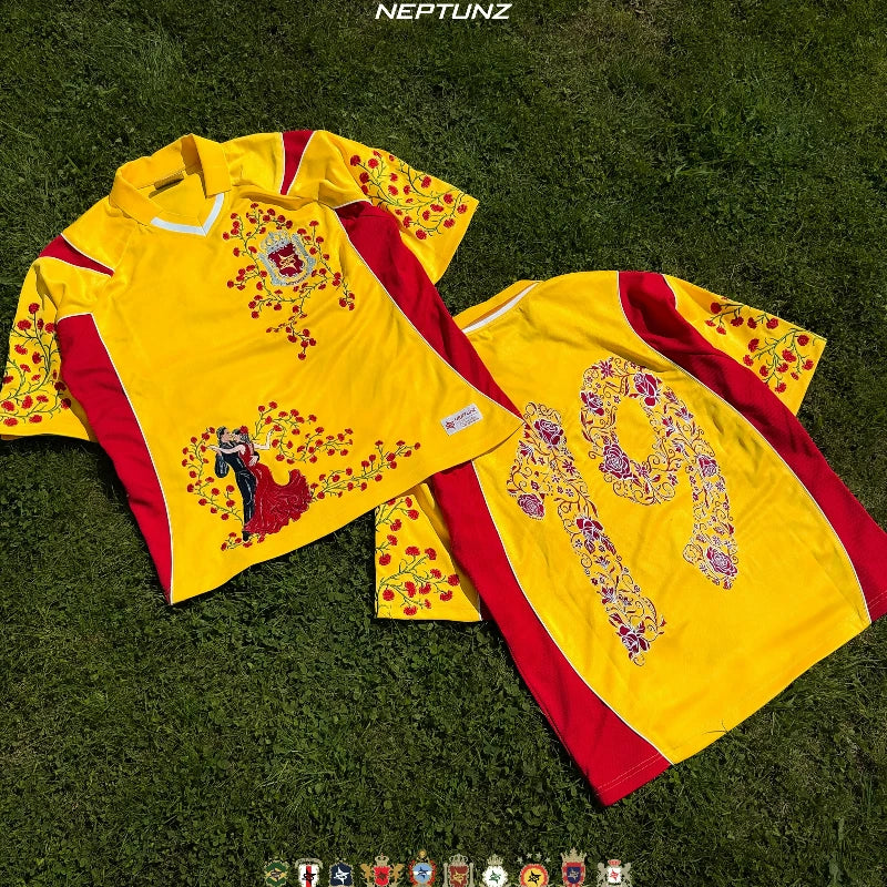 Y2K National Series Floral Embroidery Color Block Unisex T-Shirt