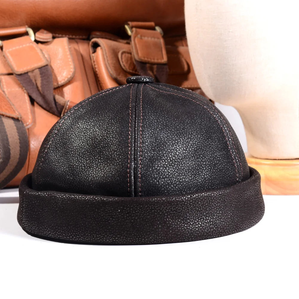 Men S Women Real Leather Winter Warm Skullcap Beanies Beret Round Hat Brimless Caps