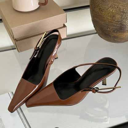 Pointed Toe Slingback Pumps with Metal Buckle Strap