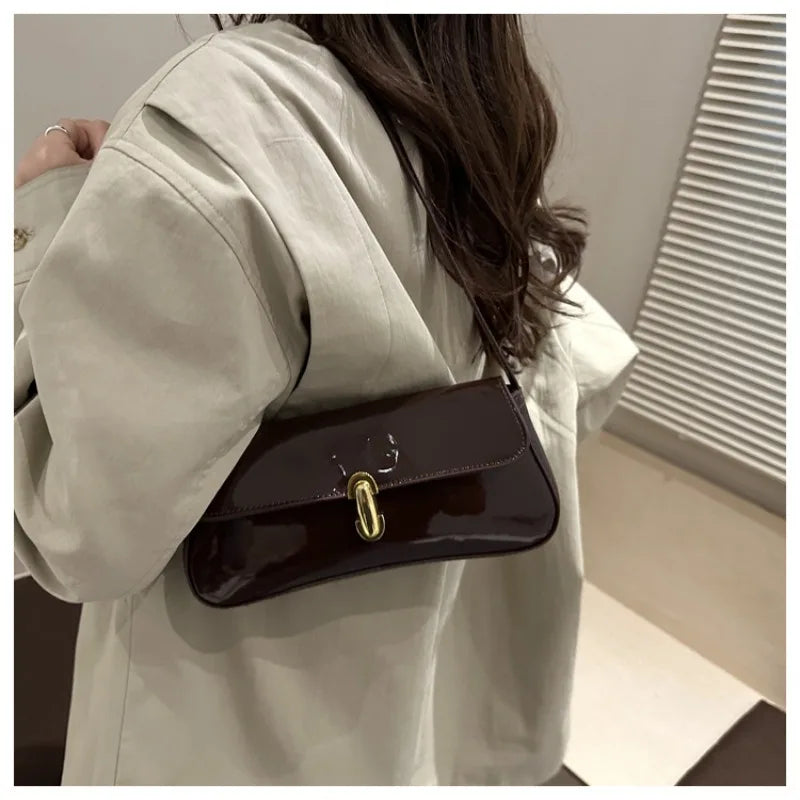 Patent Leather Baguette Bag Women's Shoulder Bag Gold Clasp