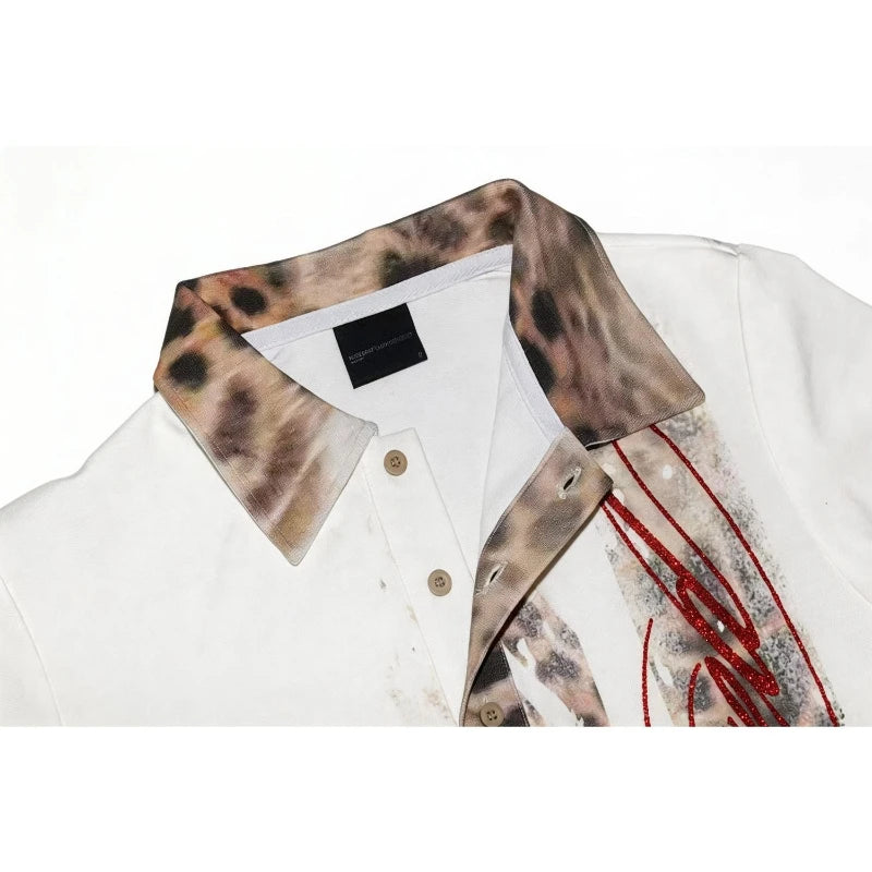 Y2K Polo Shirt Men Union Jack Leopard Print Glitter Harajuku Streetwear