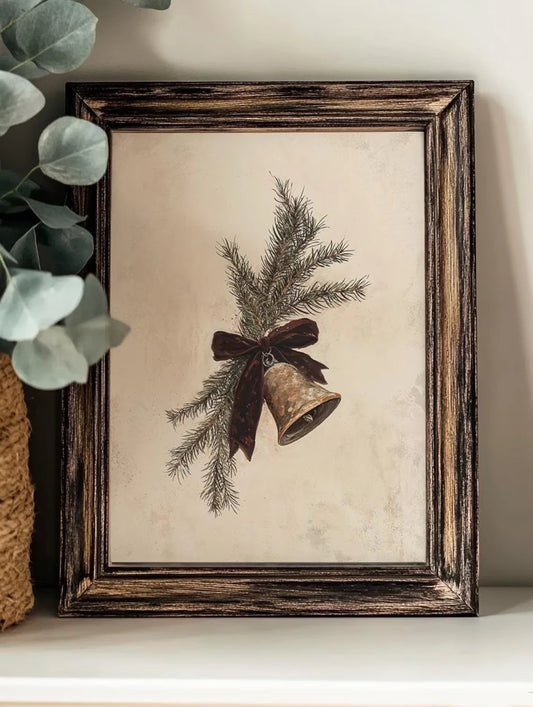 Vintage Christmas Bell & Pine Wall Art Print – Rustic Holiday Decor
