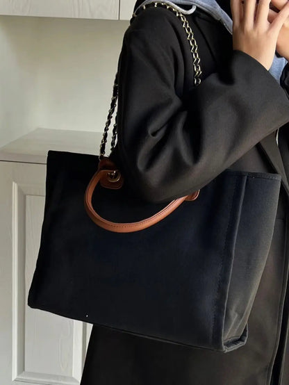 Retro Large Capacity Black Tote Bag Women Autumn Vintage