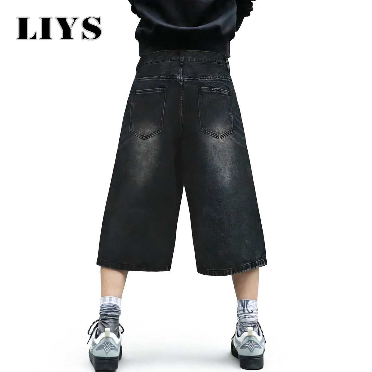 LIYS Baggy Wide Leg Denim Shorts for Men – Black Washed Streetwear