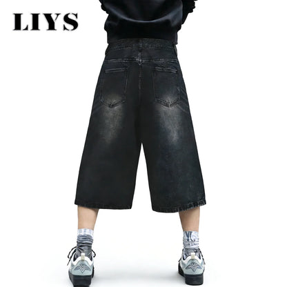 LIYS Baggy Wide Leg Denim Shorts for Men – Black Washed Streetwear