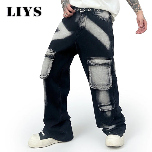Tie-Dye Wide Leg Cargo Jeans – Men's Streetwear Hip Hop Pants