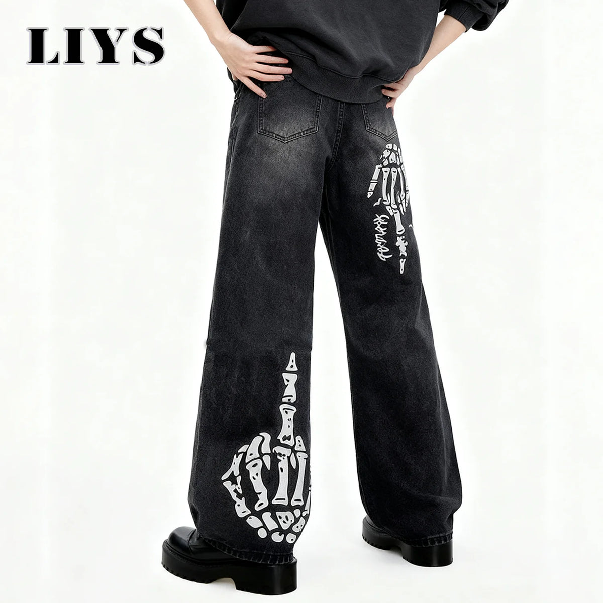 Men S Black Skull Finger Print Baggy Wide Leg Jeans Spring Summer Loose Straight Denim Pants Women