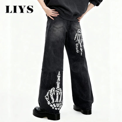 Men S Black Skull Finger Print Baggy Wide Leg Jeans Spring Summer Loose Straight Denim Pants Women