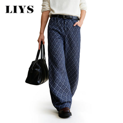 Rhombic Jacquard Baggy Wide Leg Jeans – Korean Retro Blue