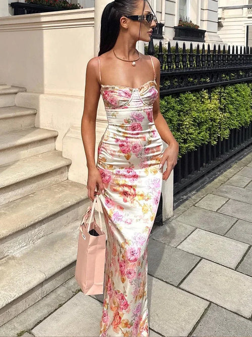 Floral Print Spaghetti Strap Maxi Dress – Bodycon Wedding Guest