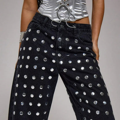 Mirror Rivet Baggy Straight-Leg Jeans – Y2K Mid-Waist Women's Trousers