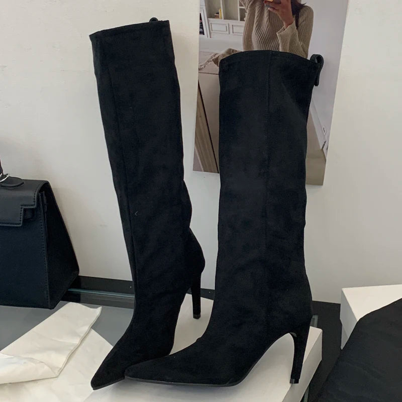 Eilyken Women Knee-High Stiletto Boots – Pointed Toe Suede