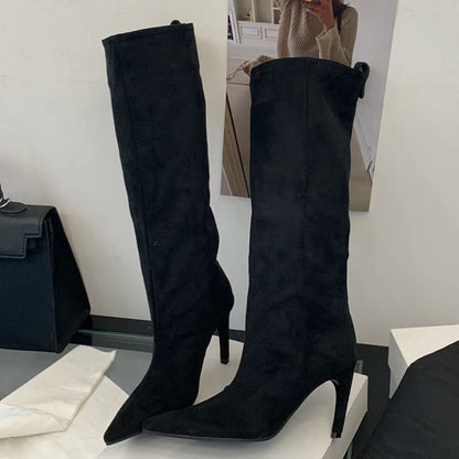 Eilyken Women Knee-High Stiletto Boots – Pointed Toe Suede