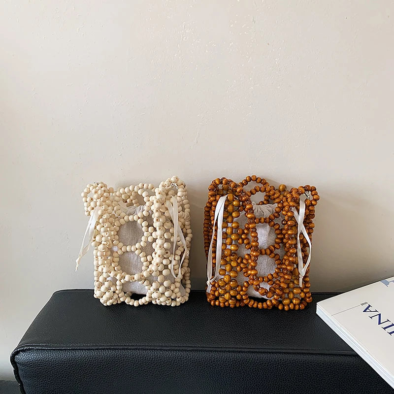 Wooden Bead Crossbody Bag – Handcrafted Hollow Woven Design