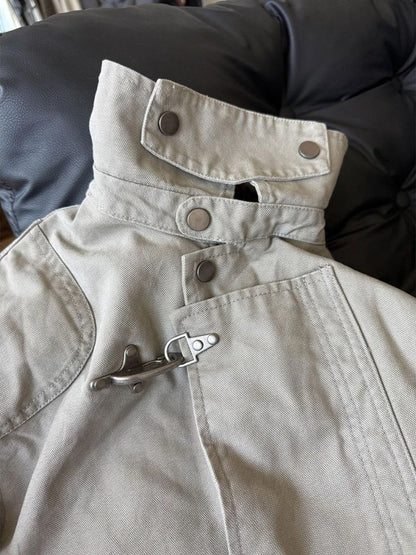 Mens Jacket Harajuku American Vintage Streetwear Buckle Short Workwear Coat Stand Collar Loose Fit