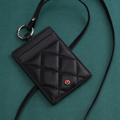 Hiram Beron Luxury Leather ID Card Holder with Neck Strap & Gemstone