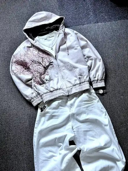 Y2K Camo Floral Embroidery Zip-Up Hoodie Jacket – Women's Streetwear