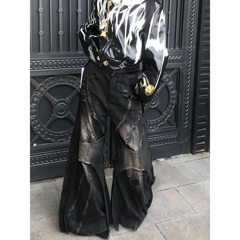 Y2K Patchwork Distressed Flared Jeans – Unisex Gothic Bell-Bottom Denim