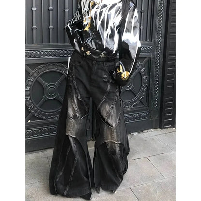 Y2K Patchwork Distressed Flared Jeans – Unisex Gothic Bell-Bottom Denim