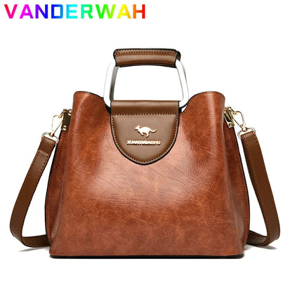 Luxury Oil Skin Leather Tote Bag for Women – 3-Layer Shoulder Handbag