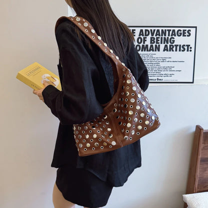 Punk Rivet Hobo Bag – PU Leather Shoulder Bag for Women