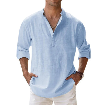 Men's Cotton Linen Henley Shirt – Long Sleeve Casual Beach Top