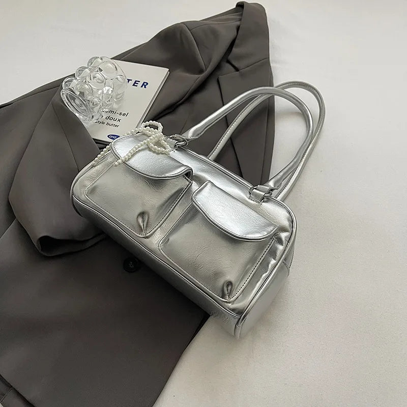 Solid Sewing Thread Fashion Glossy PU Shoulder Bags