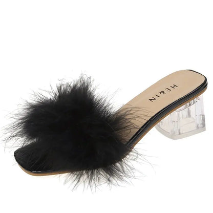 Summer Fluffy Peep Toe Sexy Heels Women Shoes Fur Feather Lady Wedding Slip-On Pink Square Sandals